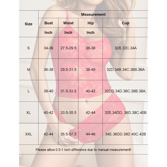 🆕Women Red Lace Bra and Panty Set V Neck Baby doll 2 Piece Mesh Bralette Set - Picture 7 of 7